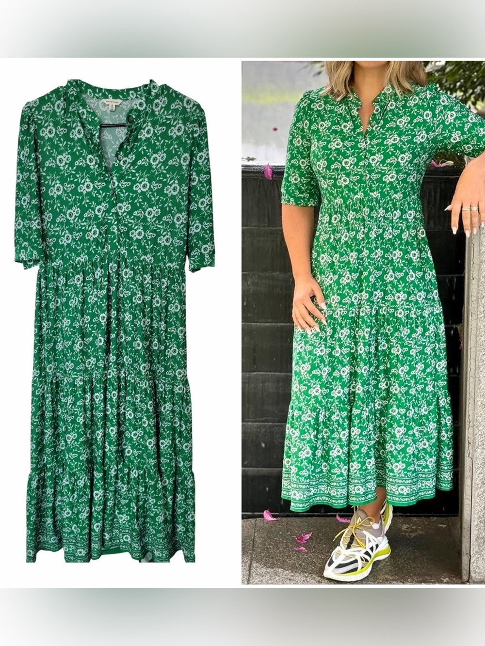 ✅ Max Studio Green Floral print Tiered Maxi Dress size M